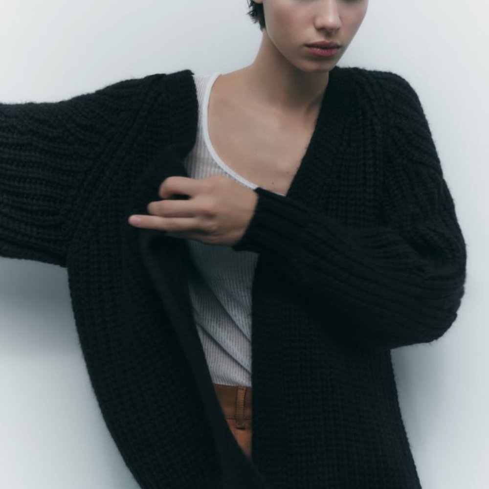 NWT ZARA LONG OPEN FRONT KNIT CARDIGAN TAUPE BROWN - REF. 6771/160 M-L, XS-S - Picture 2 of 5